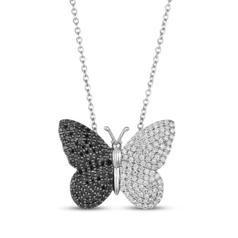 front view of black and white diamond butterfly pendant necklace in 14k white gold