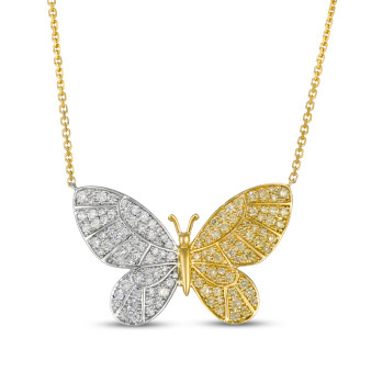 yellow and white diamond butterfly necklace in 14k gold