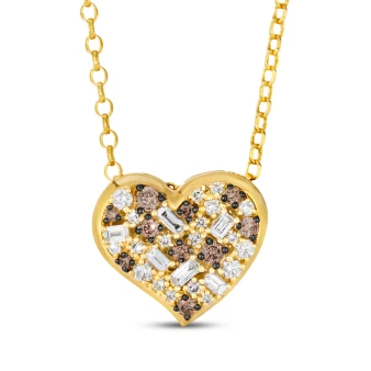 white and brown diamond heart pendant necklace in 14k yellow gold