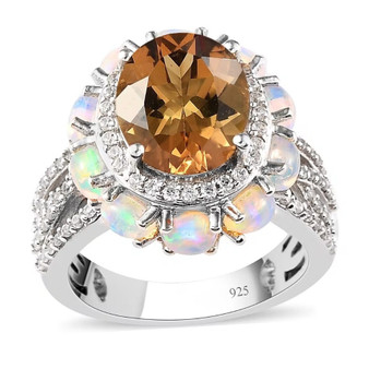 scapolite ethiopian opal and white zircon halo ring in rhodium over sterling silver