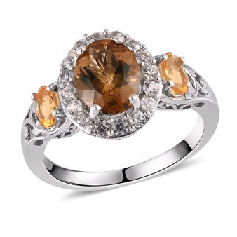 scapolite fire opal and white zircon halo trilogy ring in rhodium over sterling silver