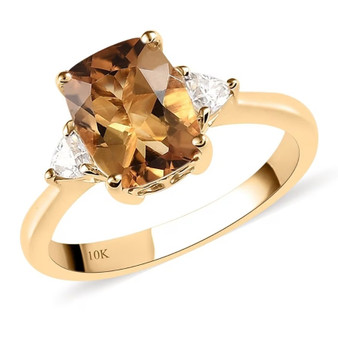 honey scapolite and moissanite ring in 10k yellow gold