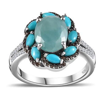grandidierite turquoise and zircon halo ring in rhodium over sterling silver