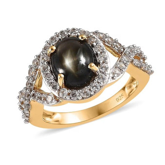 black star sapphire and white zircon halo infinity shank ring in 18k yellow gold over sterling silver