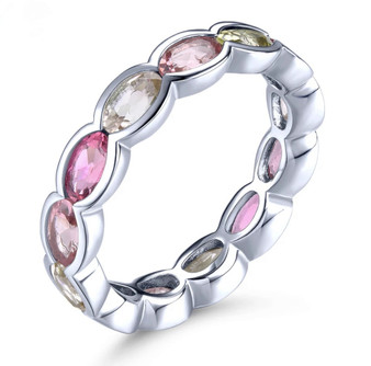 multi tourmaline bezel set eternity band ring in rhodium over sterling silver