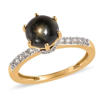 black star sapphire and white zircon solitaire ring in 18k yellow gold over sterling silver