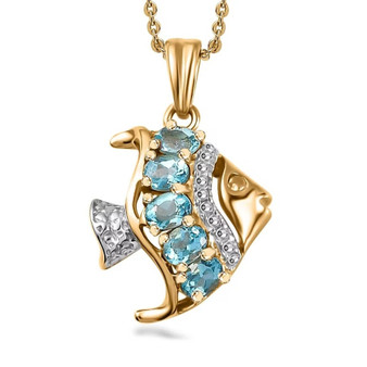 blue apatite tropical fish pendant necklace in 18k yellow gold and rhodium over sterling silver