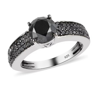 front view of black diamond pave shank solitaire ring in black and white rhodium over sterling silver