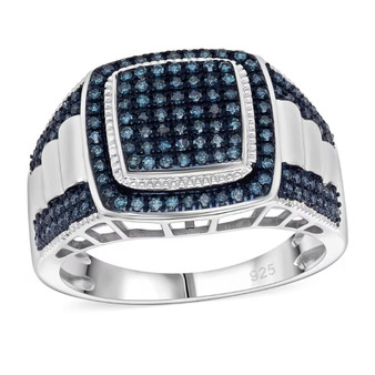 Front view of men’s blue diamond cluster ring with pave-set stones in sterling silver Front view of men’s blue diamond cluster ring with pave-set stones in sterling silver