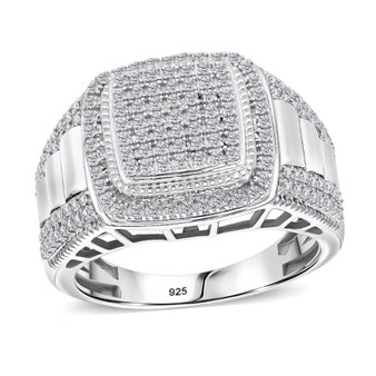 White Diamond Cluster Gent’s Ring in Rhodium over Sterling Silver, featuring pavé diamond square top with Rolex-style shank White Diamond Cluster Gent’s Ring in Rhodium over Sterling Silver, featuring pavé diamond square top with Rolex-style shank