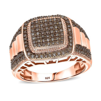 Champagne Diamond Cluster Gent’s Ring with Rolex-style shank in 18k rose gold over sterling silver, 0.75ctw, square top view Champagne Diamond Cluster Gent’s Ring with Rolex-style shank in 18k rose gold over sterling silver, 0.75ctw, square top view