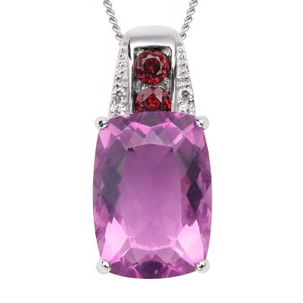 front view of pink fluorite cushion rhodolite garnet and zircon pendant necklace in rhodium over sterling silver