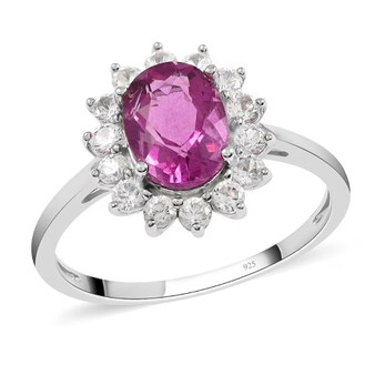 Front angle of pink fluorite and white zircon oval halo ring in rhodium over sterling silver