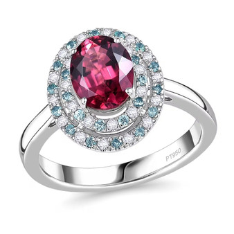 rubellite tourmaline, paraiba tourmaline and diamond oval double halo 950 platinum ring front view rubellite tourmaline, paraiba tourmaline and diamond oval double halo 950 platinum ring front view