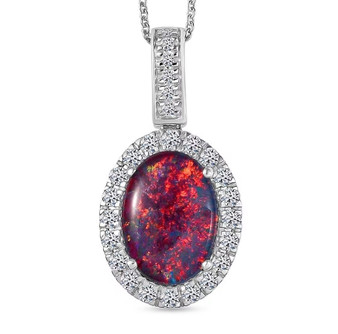 oval black opal multi color pendant necklace in 10k white gold with diamond halo front