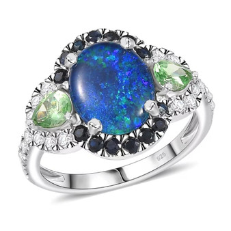 Australian boulder opal triplet halo ring with sapphire and tsavorite in sterling silver