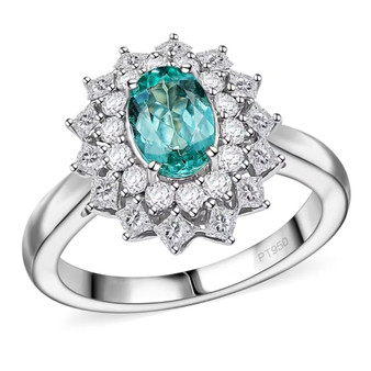 paraiba tourmaline and diamond oval double halo ring in platinum with vivid blue-green center stone surrounded by white diamonds