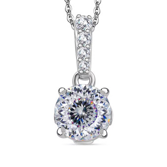 front view of 120 facet strontium titanate moissanite and sapphire pendant necklace in rhodium over sterling silver