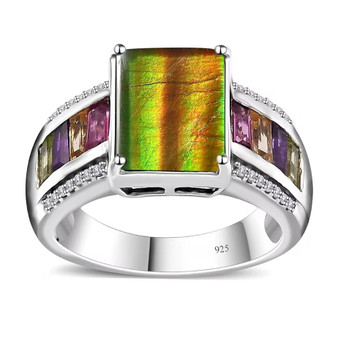 ammolite rectangle cabochon ring with multicolor baguette gemstones in rhodium over sterling silver ammolite rectangle cabochon ring with multicolor baguette gemstones in rhodium over sterling silver