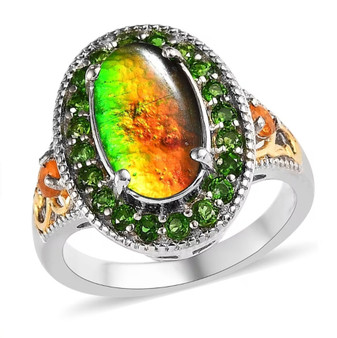 front view of ammolite fire cabochon opal and chrome diopside halo two-tone sterling silver ring