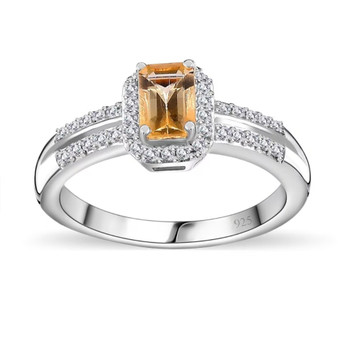 imperial topaz and moissanite emerald cut halo ring in rhodium over sterling silver