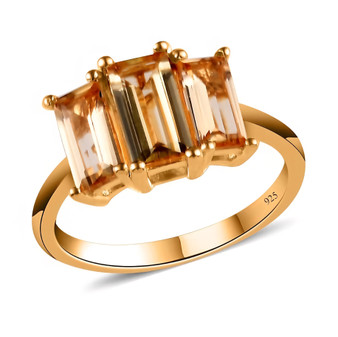 front view of imperial topaz baguette trilogy ring in 18k yellow gold over sterling silver