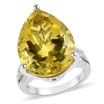front view of lemon quartz and white zircon pear cocktail ring in rhodium over sterling silver