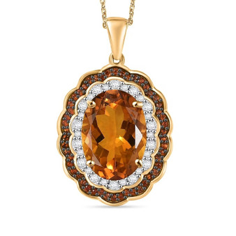 front view of citrine white and brown zircon oval double halo pendant necklace in 18k yellow gold over sterling silver