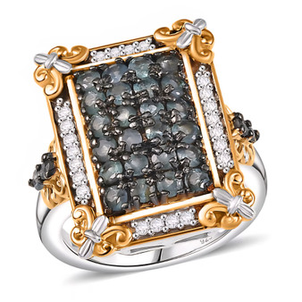 front view of indian alexandrite and white zircon fleur-de-lis cluster ring in 18k yellow gold and rhodium over sterling silver