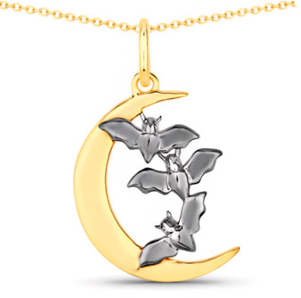 front view of bat and crescent moon pendant necklace in 18k yellow gold and black rhodium over sterling silver