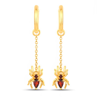 front view red garnet spider drop earrings in gold plated sterling silver