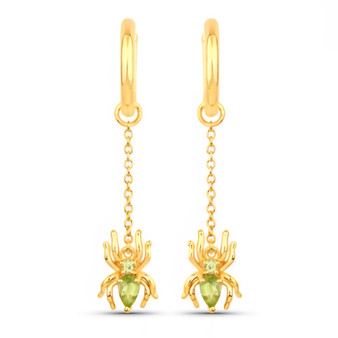 front view of peridot spider dangle earrings in 18k yellow gold over sterling silver