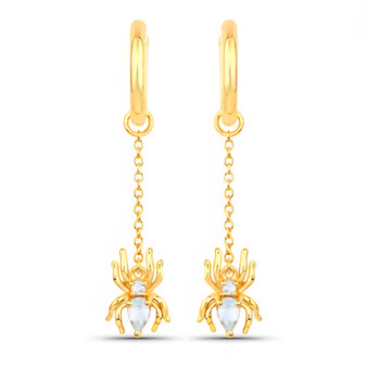 front view of sky blue topaz spider dangle earrings in 18k yellow gold over sterling silver