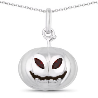 front view of 3d pumpkin garnet pendant in rhodium over sterling silver