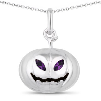 front view of 3d pumpkin amethyst pendant in rhodium over sterling silver