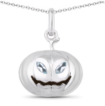 front view of 3d pumpkin pendant with sky blue topaz eyes crafted in rhodium plated sterling silver with mirror bright shine