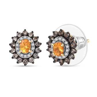 front view of spessartine brown and white zircon double halo stud earrings in 18k yellow gold over sterling silver
