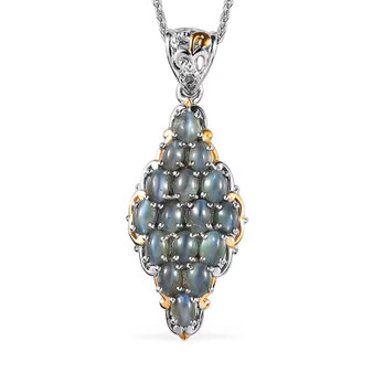 cat’s eye alexandrite cluster pendant necklace in two tone 18k yellow gold and rhodium plated sterling silver front view