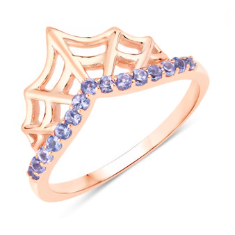 front view of chevron spider web ring with tanzanite in 18k rose gold over sterling silver
