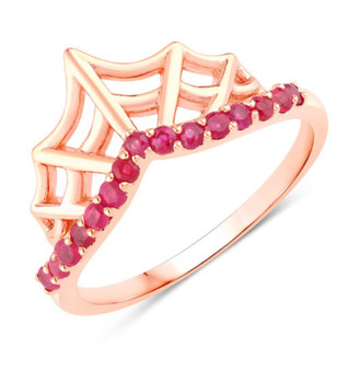front view of chevron spider web ring with ruby in 18k rose gold over sterling silver