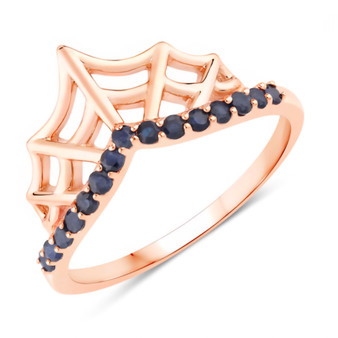 front view of chevron spider web ring with sapphire in 18k rose gold over sterling silver