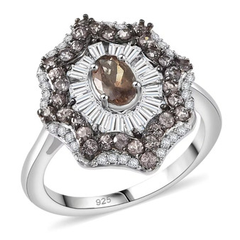 front view of color change garnet and white zircon deco inspired halo ring in rhodium over sterling silver