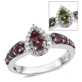 Bekily color change garnet, rhodolite, and zircon pear halo ring in rhodium plated sterling silver showing green to red color shift