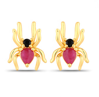 front view of spider stud earrings with ruby and black spinel in 18k yellow gold over sterling silver