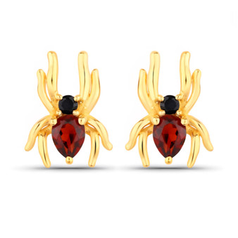 front view of garnet and black spinel spider stud earrings in 18k yellow gold over sterling silver
