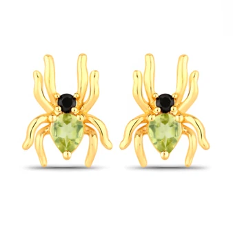 front view of spider stud earrings with peridot and black spinel in 18k yellow gold over sterling silver