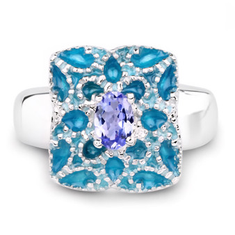 front centered view of tanzanite and blue enamel statement ring in rhodium over solid sterling silver