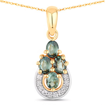 front view of alexandrite and diamond cluster drop pendant necklace in 18k yellow gold with rhodium accents