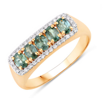 front view of alexandrite and diamond five-stone halo band ring in solid 18k yellow gold