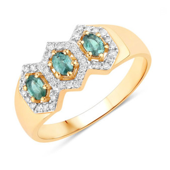 front angled view of alexandrite and diamond three stone hexagon halo ring in 18k yellow gold with rhodium plating